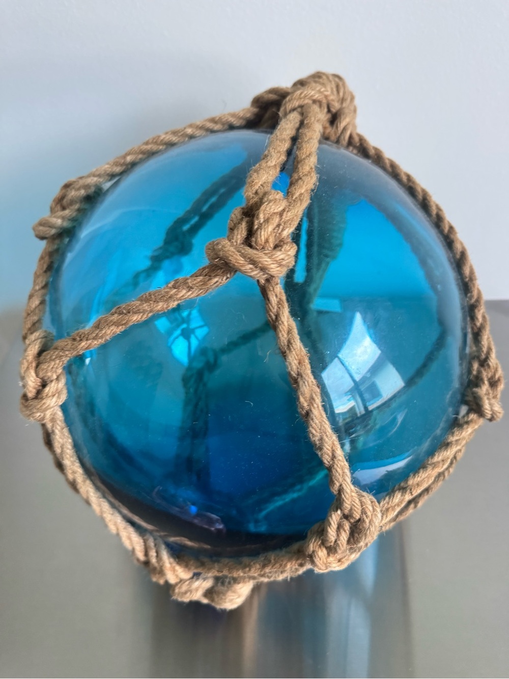 Vintage Japanese Hand-Blown Blue Glass Fishing Float (Buoy) in rope netting